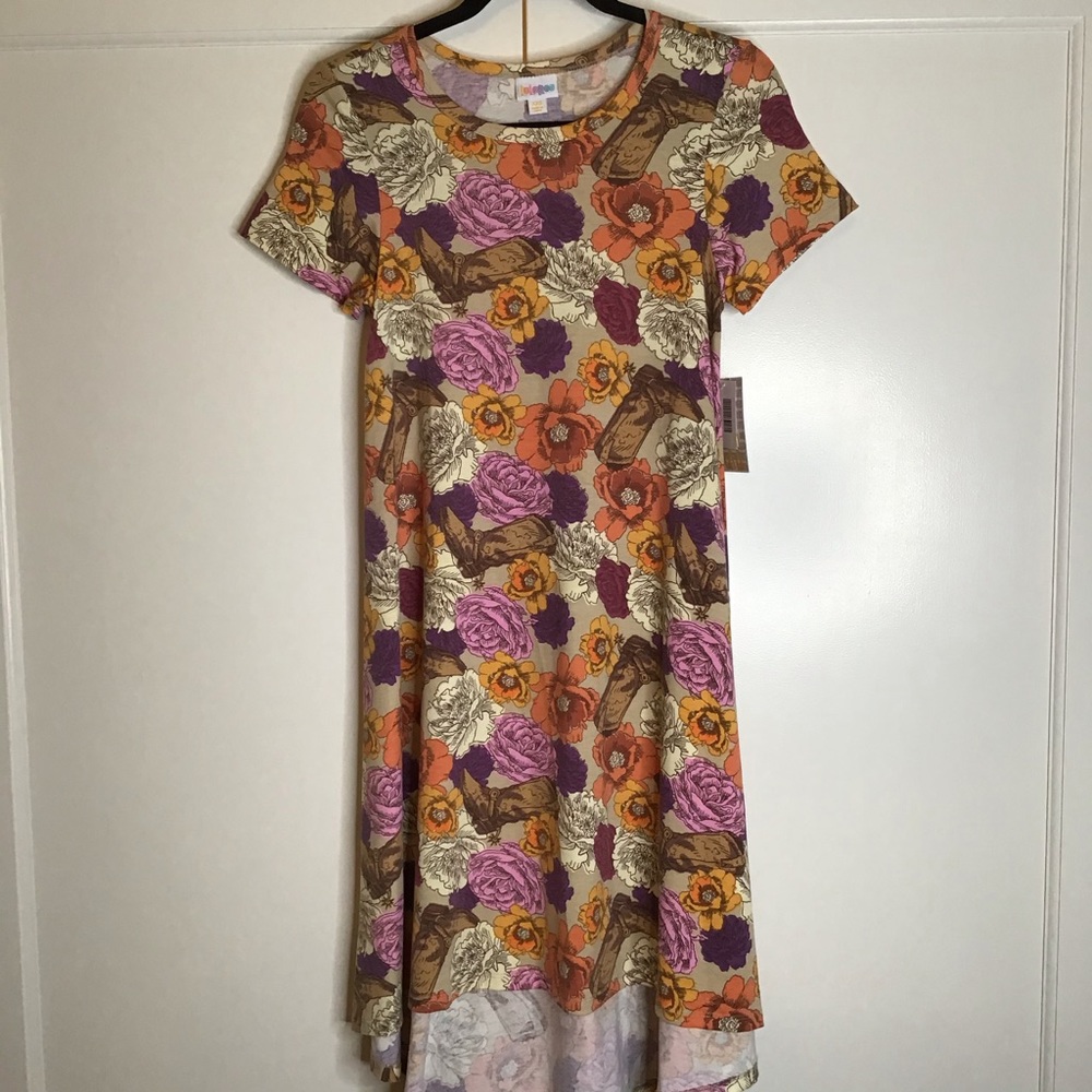 LuLaRoe High Low Dress in Beige with Pink, Orange & Purple Floral Print
